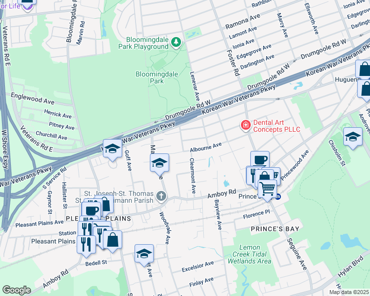 map of restaurants, bars, coffee shops, grocery stores, and more near 481 Albourne Avenue in Staten Island