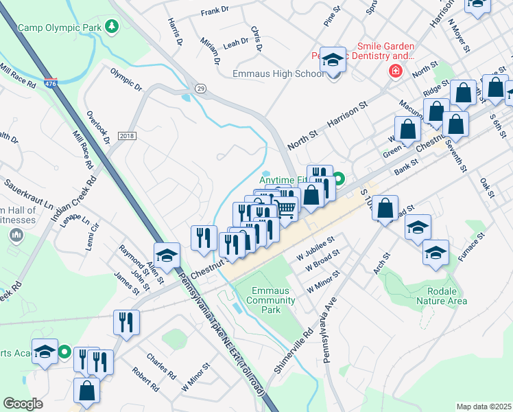 map of restaurants, bars, coffee shops, grocery stores, and more near 800 Eagle Drive in Emmaus