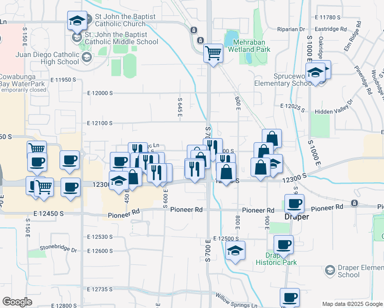 map of restaurants, bars, coffee shops, grocery stores, and more near 12215 South 670 East in Draper
