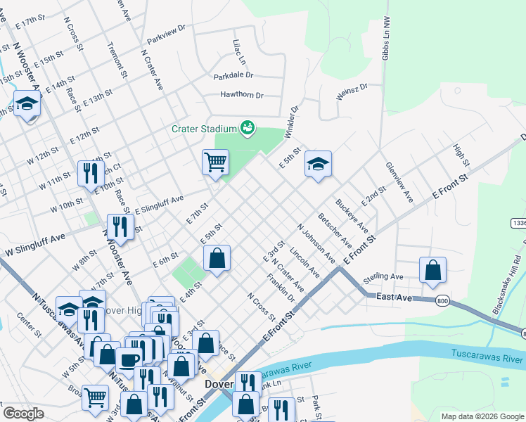 map of restaurants, bars, coffee shops, grocery stores, and more near 607 East 4th Street in Dover