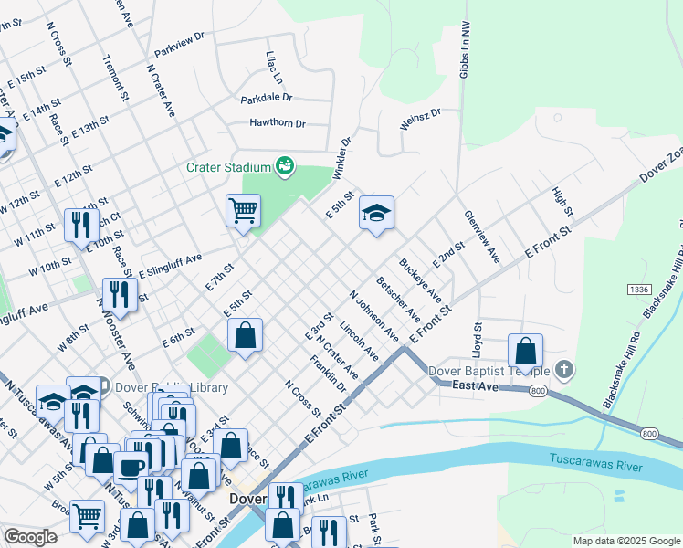 map of restaurants, bars, coffee shops, grocery stores, and more near 319 North Johnson Avenue in Dover