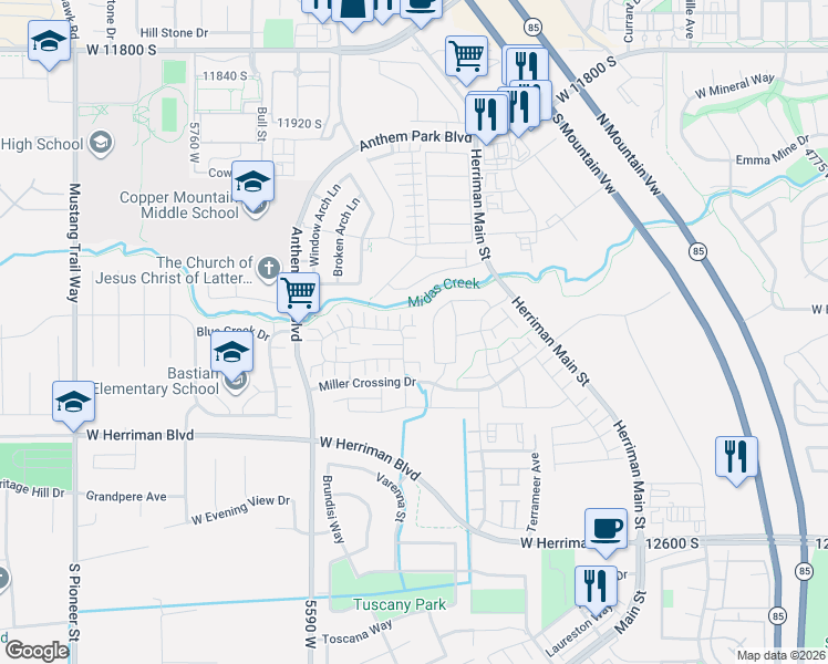 map of restaurants, bars, coffee shops, grocery stores, and more near 12247 Copper Gulch Lane in Herriman