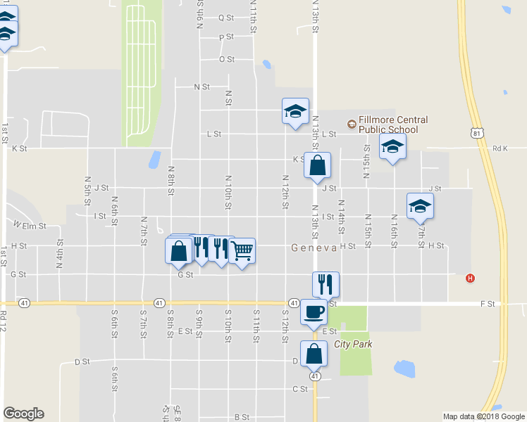 map of restaurants, bars, coffee shops, grocery stores, and more near 1112 I Street in Geneva