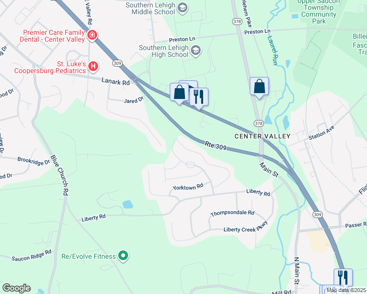 map of restaurants, bars, coffee shops, grocery stores, and more near 5973 Valley Forge Drive in Coopersburg