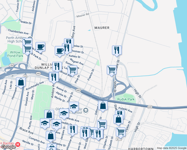 map of restaurants, bars, coffee shops, grocery stores, and more near 341 Summit Avenue in Perth Amboy