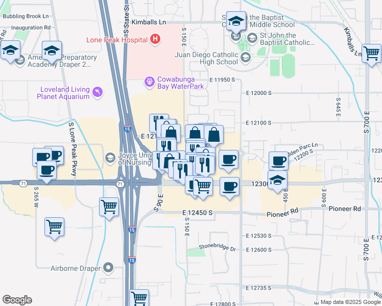 map of restaurants, bars, coffee shops, grocery stores, and more near 175 East 12300 South in Draper