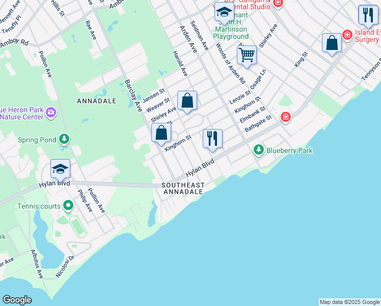 map of restaurants, bars, coffee shops, grocery stores, and more near 4771 Hylan Boulevard in Staten Island