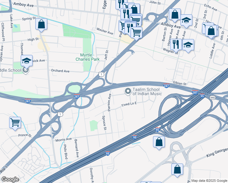 map of restaurants, bars, coffee shops, grocery stores, and more near 2 Heman Street in Edison