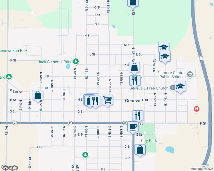 map of restaurants, bars, coffee shops, grocery stores, and more near 1112 I Street in Geneva