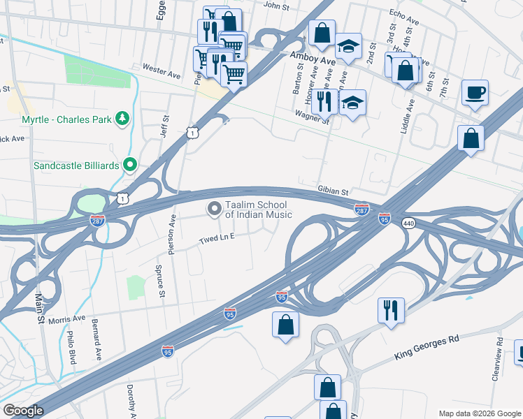 map of restaurants, bars, coffee shops, grocery stores, and more near 52 Heman Street in Edison