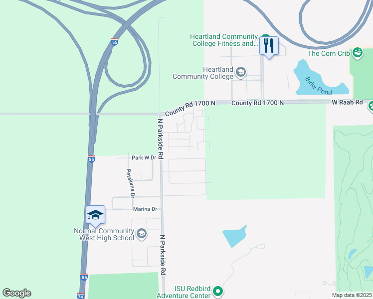 map of restaurants, bars, coffee shops, grocery stores, and more near 1721 Putnam Avenue in Normal