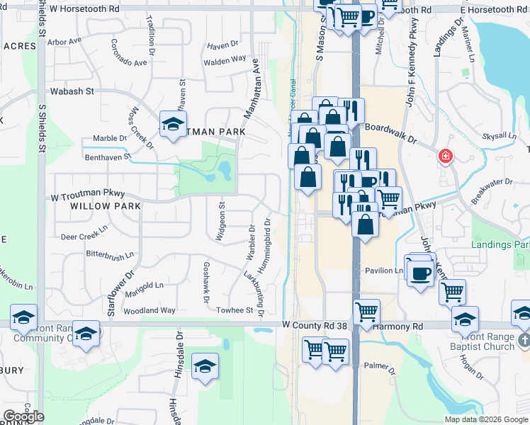 map of restaurants, bars, coffee shops, grocery stores, and more near 4219 Hummingbird Drive in Fort Collins