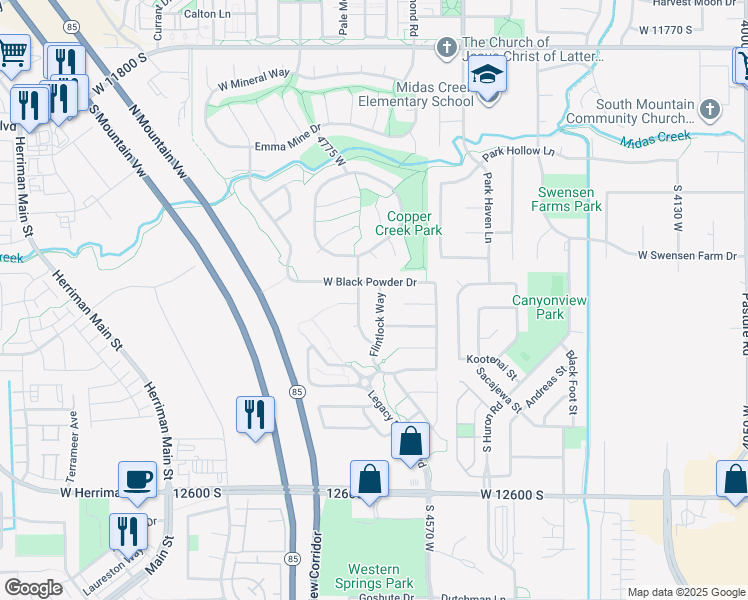 map of restaurants, bars, coffee shops, grocery stores, and more near 12262 Flintlock Way in Herriman