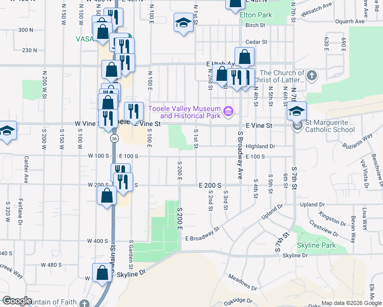 map of restaurants, bars, coffee shops, grocery stores, and more near 204 East 100 South in Tooele