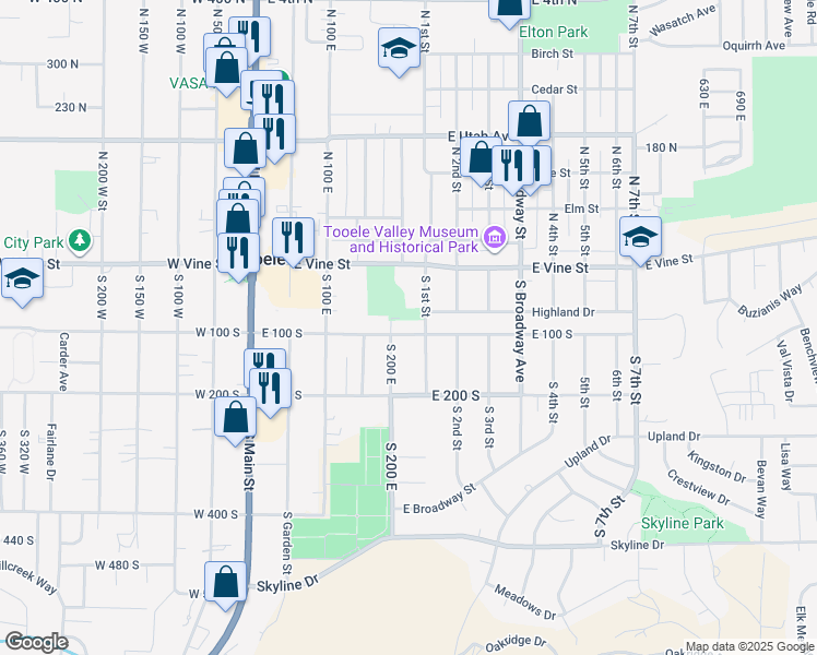 map of restaurants, bars, coffee shops, grocery stores, and more near 162 East 100 South in Tooele