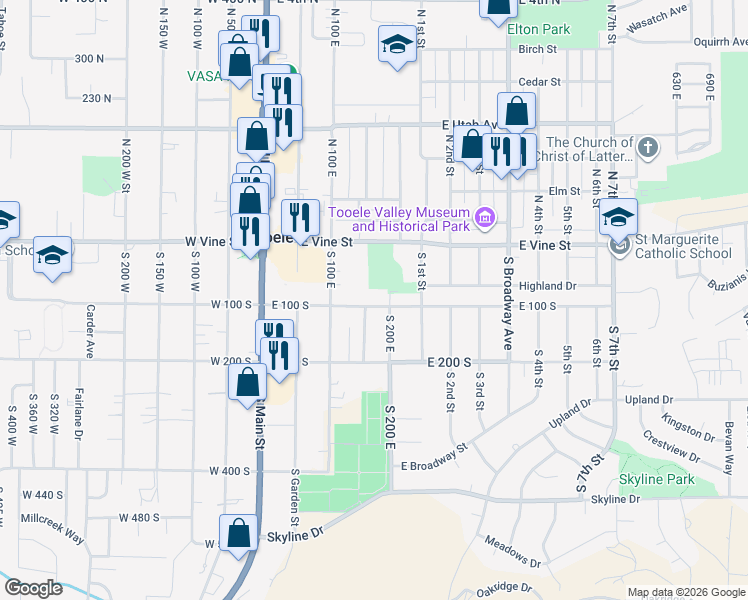 map of restaurants, bars, coffee shops, grocery stores, and more near 104 Russell Avenue in Tooele