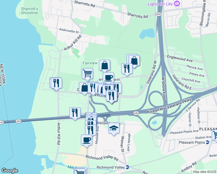 map of restaurants, bars, coffee shops, grocery stores, and more near 2900 Veterans Road West in Staten Island