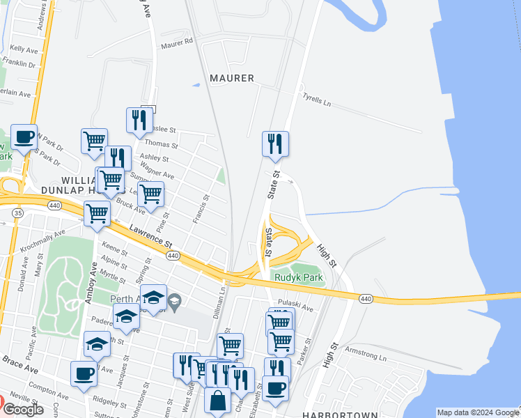 map of restaurants, bars, coffee shops, grocery stores, and more near 915 State Street in Perth Amboy