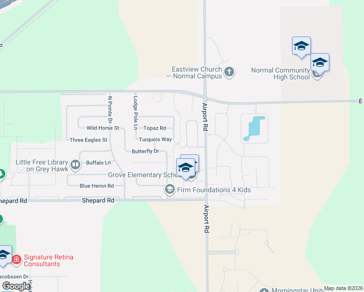 map of restaurants, bars, coffee shops, grocery stores, and more near 1154 Meadow Lark Road in Normal