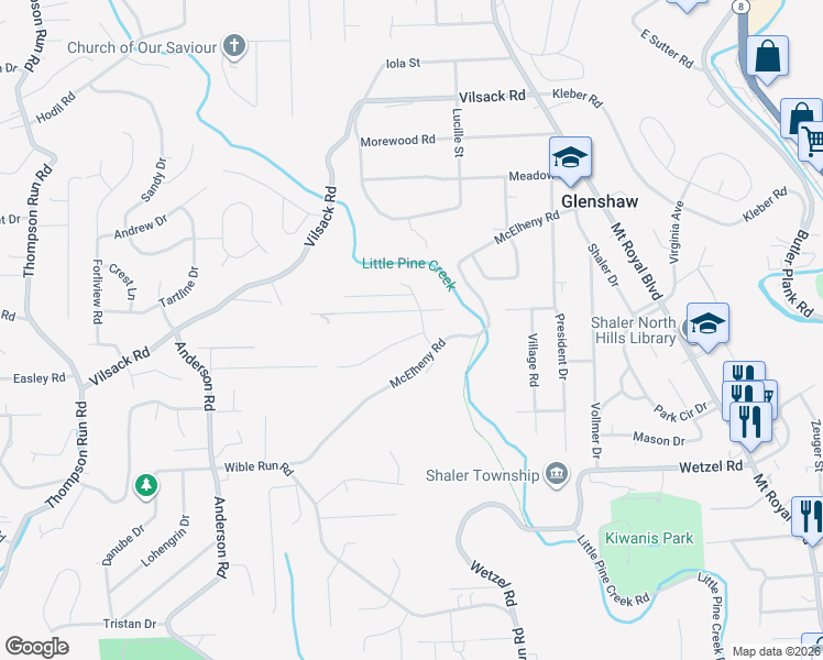 map of restaurants, bars, coffee shops, grocery stores, and more near 500 Northview Drive in Glenshaw