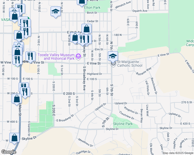map of restaurants, bars, coffee shops, grocery stores, and more near 433 East 100 South in Tooele