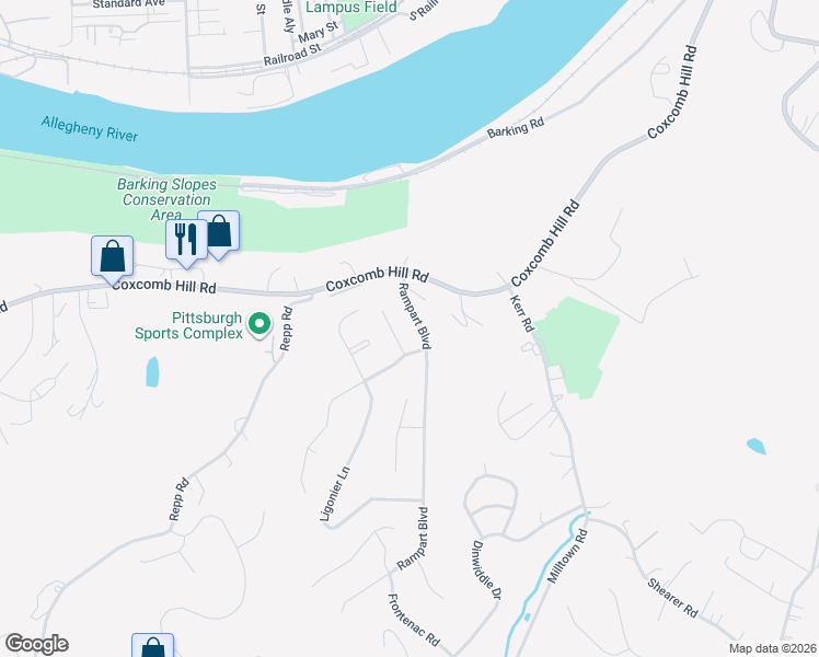 map of restaurants, bars, coffee shops, grocery stores, and more near 135 Rampart Boulevard in New Kensington