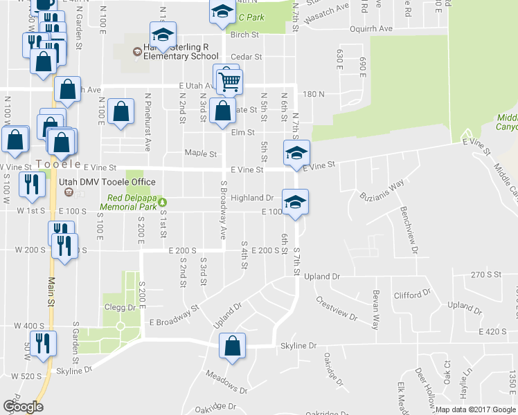 map of restaurants, bars, coffee shops, grocery stores, and more near 433 East 100 South in Tooele