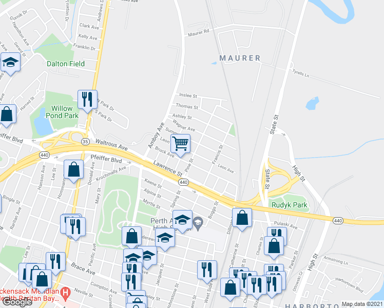 map of restaurants, bars, coffee shops, grocery stores, and more near 391 Leon Avenue in Perth Amboy
