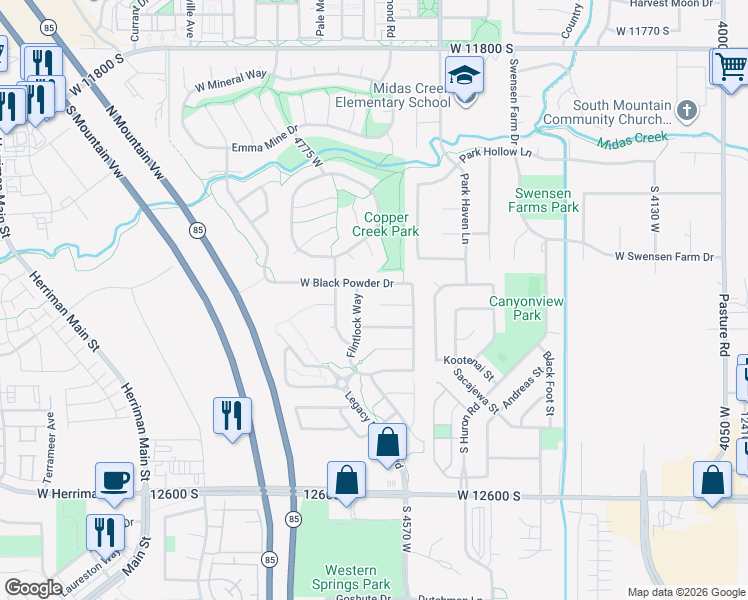 map of restaurants, bars, coffee shops, grocery stores, and more near 4622 West Marlin Court in Herriman