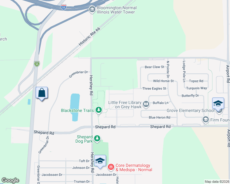 map of restaurants, bars, coffee shops, grocery stores, and more near 1132 Travertine Road in Normal
