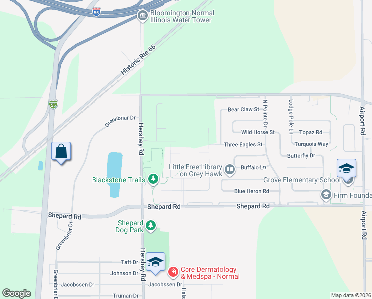 map of restaurants, bars, coffee shops, grocery stores, and more near 2616 Shale Road in Normal