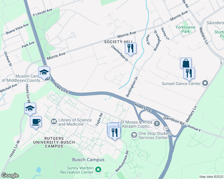 map of restaurants, bars, coffee shops, grocery stores, and more near 1061 Hoes Lane East in Piscataway