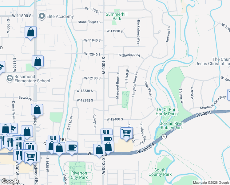 map of restaurants, bars, coffee shops, grocery stores, and more near 12252 Margaret Rose Drive in Riverton