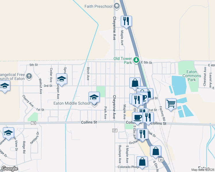 map of restaurants, bars, coffee shops, grocery stores, and more near 228 Cheyenne Avenue in Eaton
