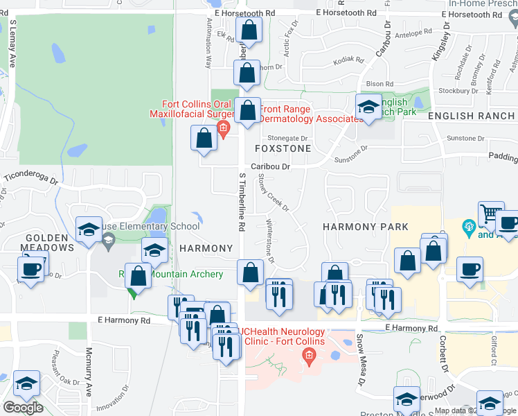 map of restaurants, bars, coffee shops, grocery stores, and more near 4344 Gemstone Lane in Fort Collins