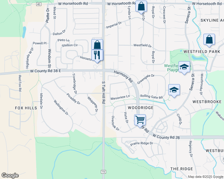map of restaurants, bars, coffee shops, grocery stores, and more near 4232 Lookout Lane in Fort Collins