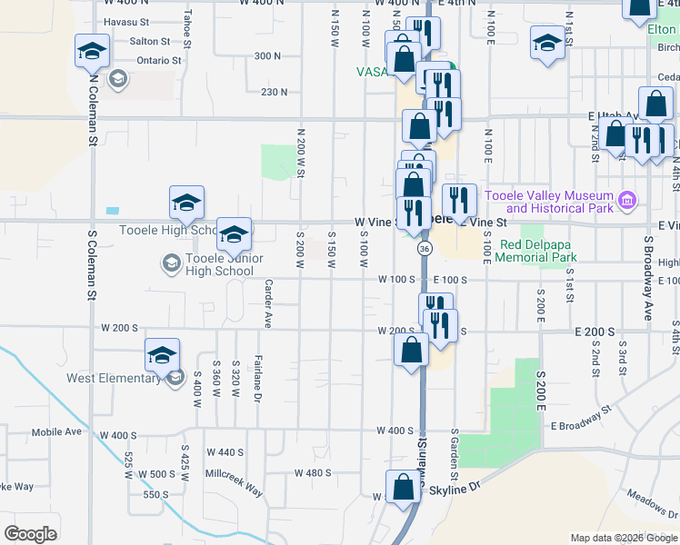 map of restaurants, bars, coffee shops, grocery stores, and more near 140 West 100 South in Tooele