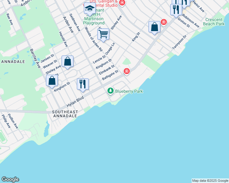 map of restaurants, bars, coffee shops, grocery stores, and more near 19 Blueberry Lane in Staten Island