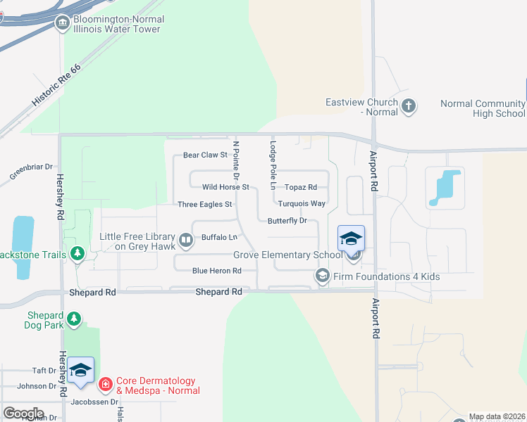 map of restaurants, bars, coffee shops, grocery stores, and more near 1155 Lynx Lane in Normal