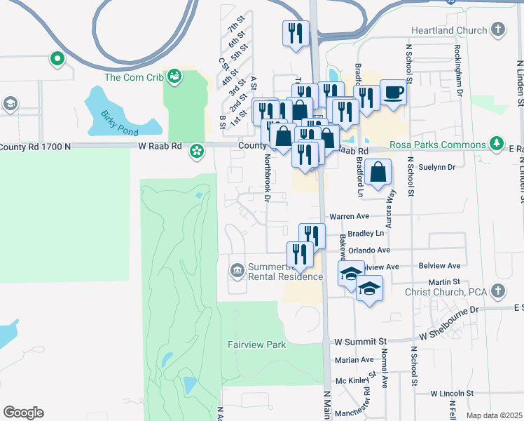 map of restaurants, bars, coffee shops, grocery stores, and more near 700 South Golfcrest Road in Normal