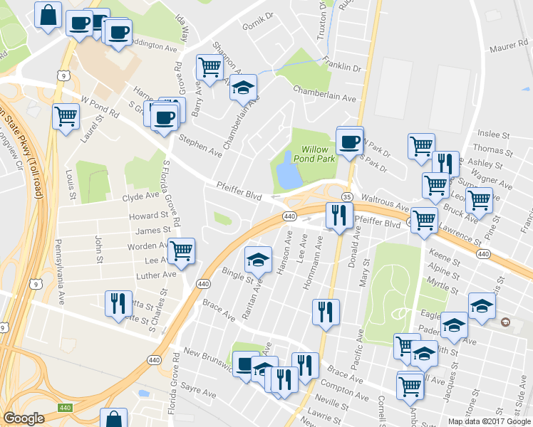 map of restaurants, bars, coffee shops, grocery stores, and more near 769 Colgate Avenue in Perth Amboy