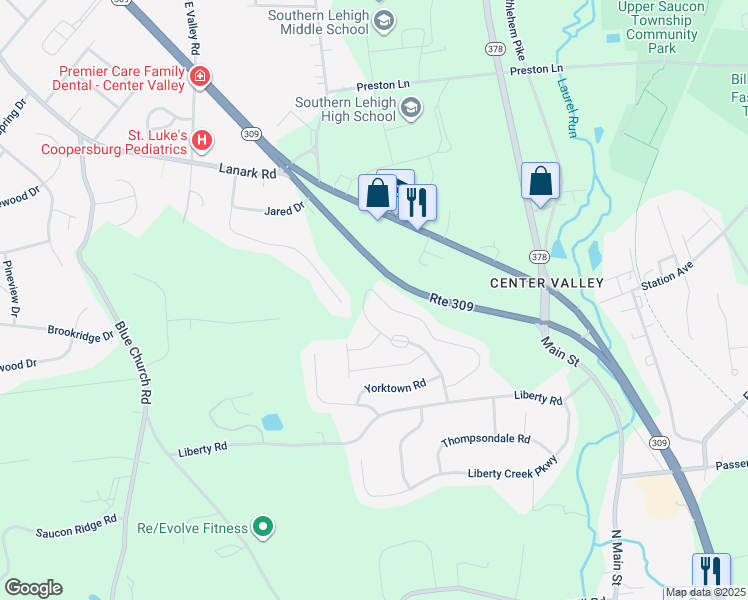 map of restaurants, bars, coffee shops, grocery stores, and more near 5936 Valley Forge Drive in Coopersburg