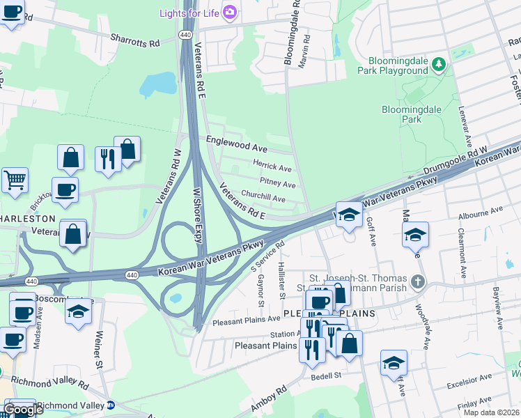 map of restaurants, bars, coffee shops, grocery stores, and more near 94 Ambassador Lane in Staten Island