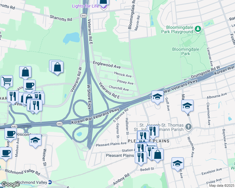 map of restaurants, bars, coffee shops, grocery stores, and more near 94 Ambassador Lane in Staten Island