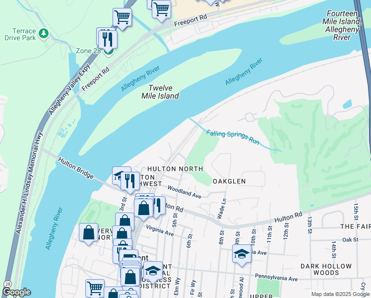 map of restaurants, bars, coffee shops, grocery stores, and more near 417 Lee Street in Oakmont