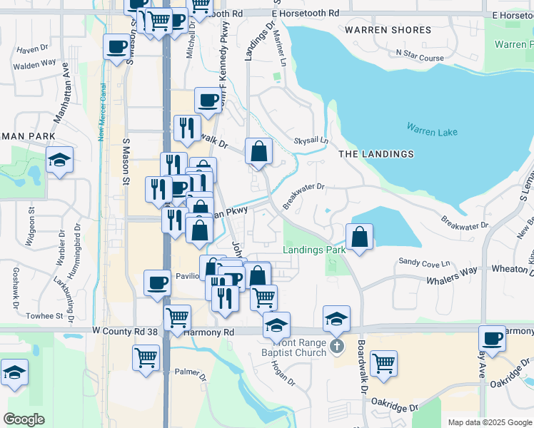 map of restaurants, bars, coffee shops, grocery stores, and more near 451 East Boardwalk Drive in Fort Collins