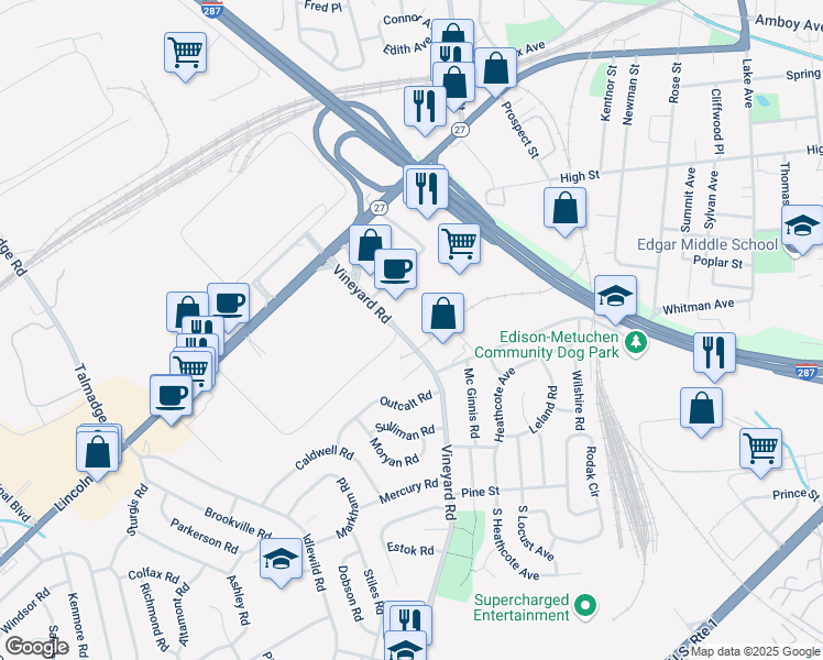 map of restaurants, bars, coffee shops, grocery stores, and more near 199 Vineyard Road in Edison