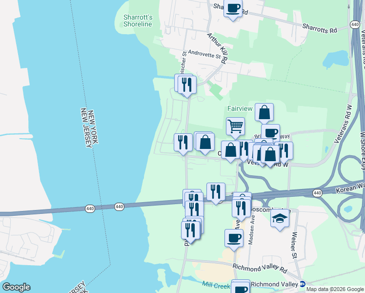 map of restaurants, bars, coffee shops, grocery stores, and more near 22 Chart Loop in Staten Island