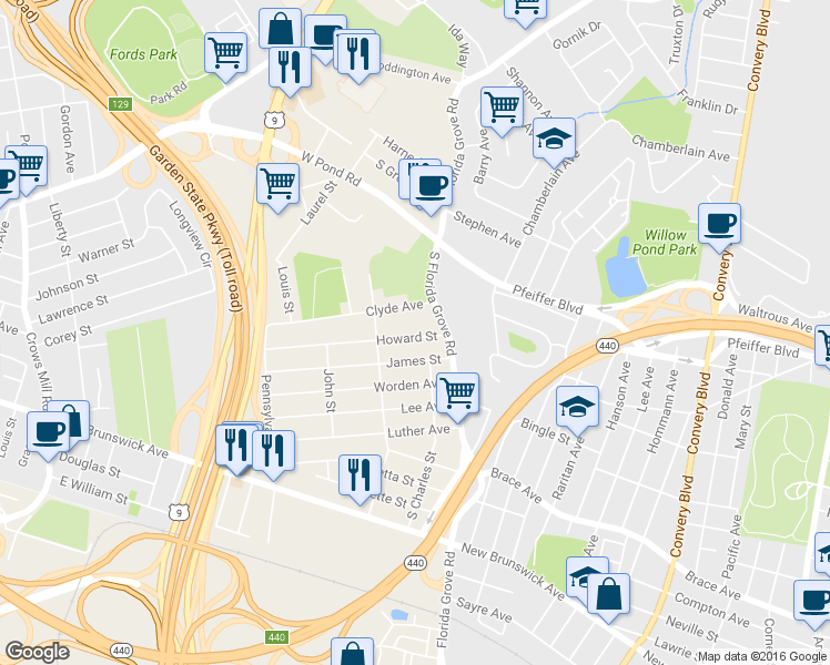map of restaurants, bars, coffee shops, grocery stores, and more near 26 Howard Street in Perth Amboy