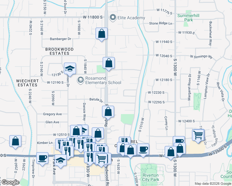 map of restaurants, bars, coffee shops, grocery stores, and more near 1647 Madison Ridge Lane in Riverton